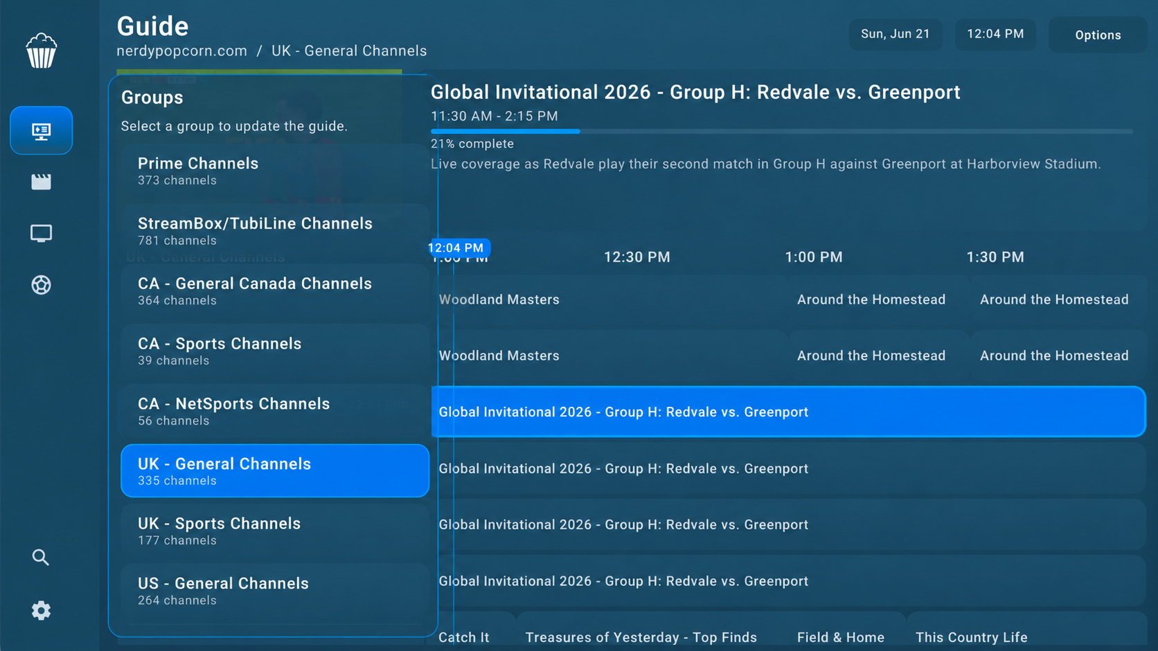 Nerdy Popcorn channel group picker over the live TV guide