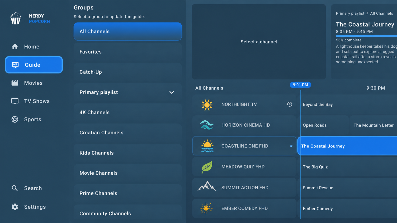 Nerdy Popcorn channel group picker over the live TV guide