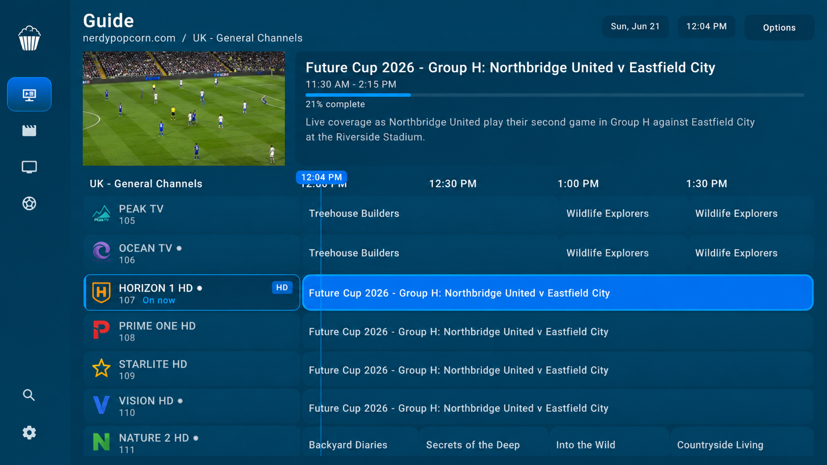 Nerdy Popcorn live TV guide showing fictional channels and programs