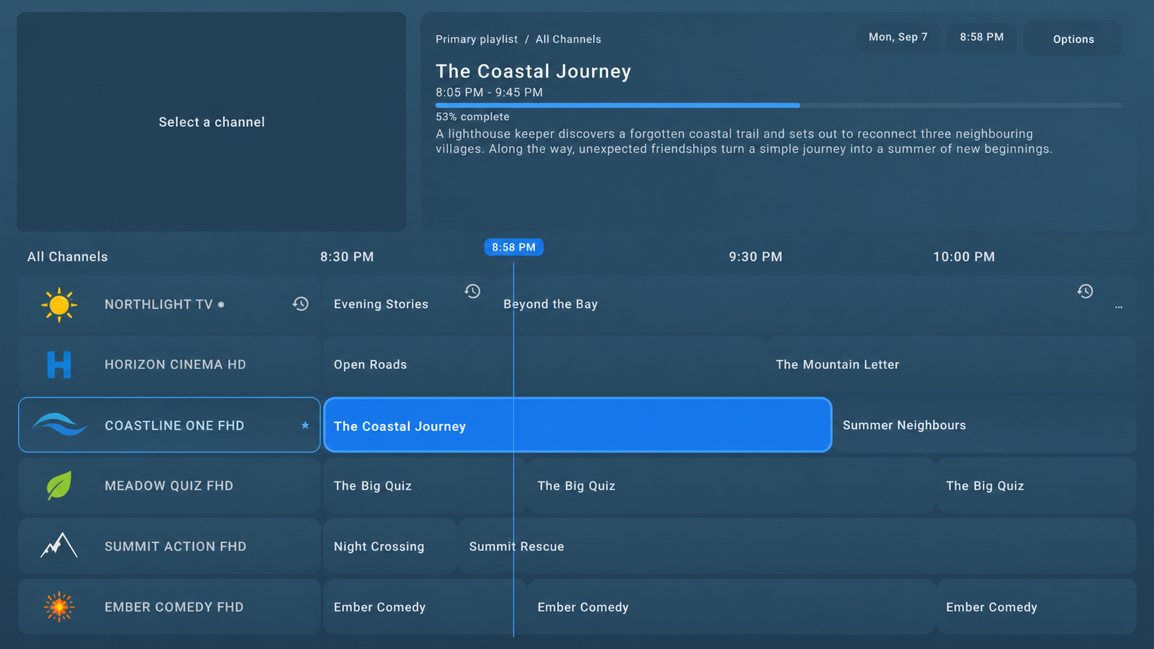 Nerdy Popcorn live TV guide showing fictional channels and programs