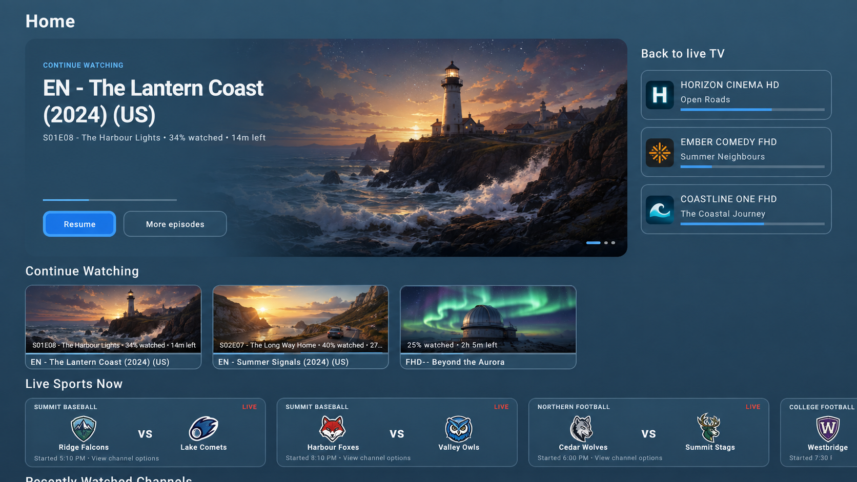 Nerdy Popcorn Home with fictional continue-watching titles, live TV and sports