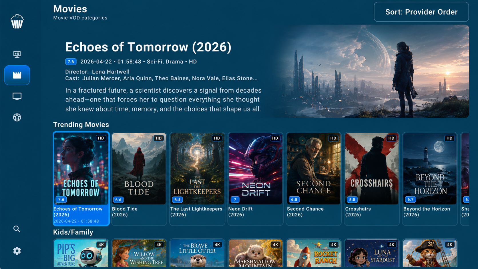 Nerdy Popcorn movie library showing fictional demo titles and original artwork