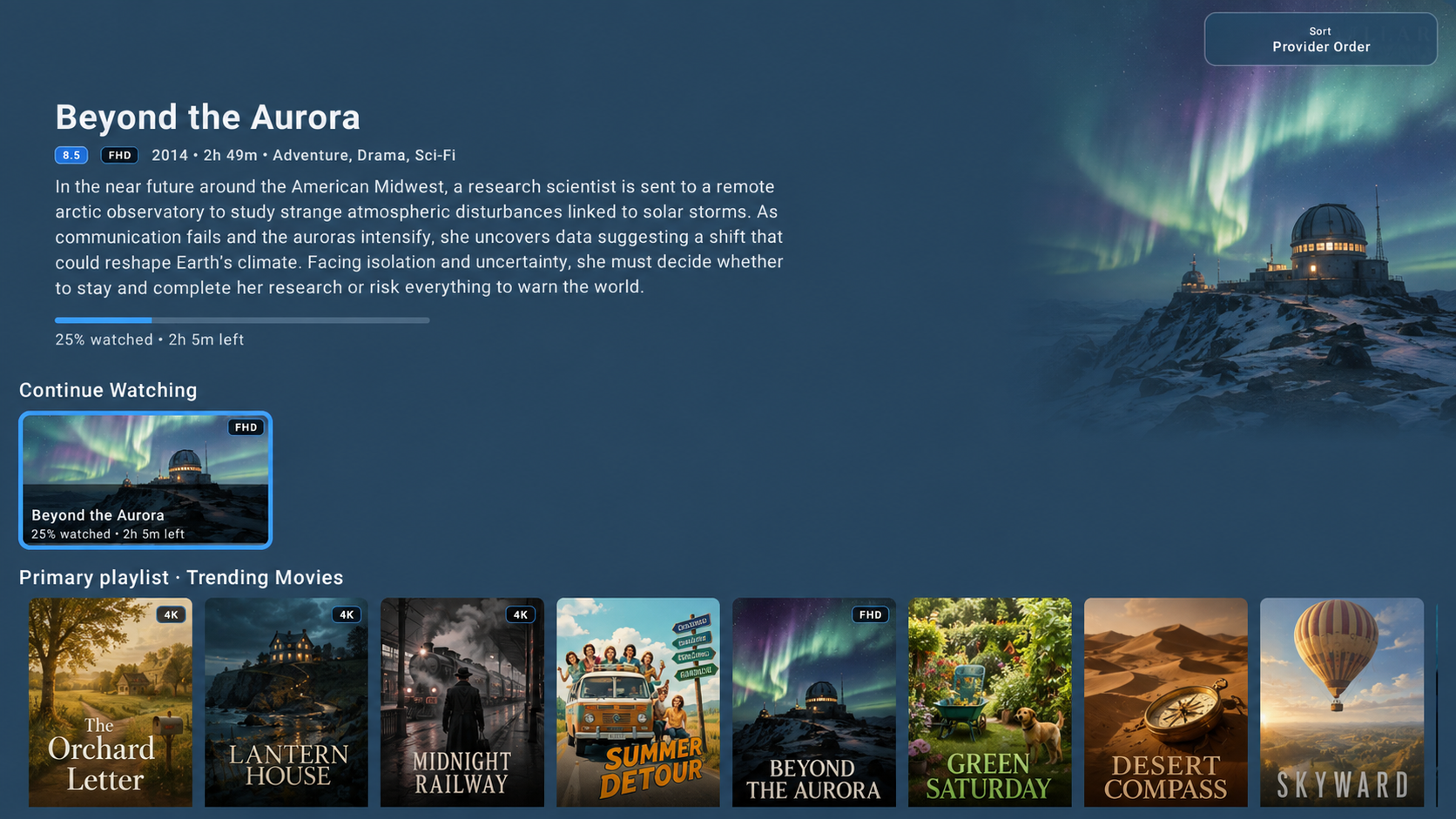 Nerdy Popcorn movie library showing fictional demo titles and original artwork