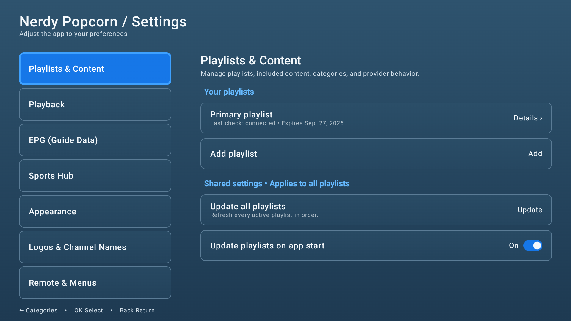 Nerdy Popcorn playlist and content settings