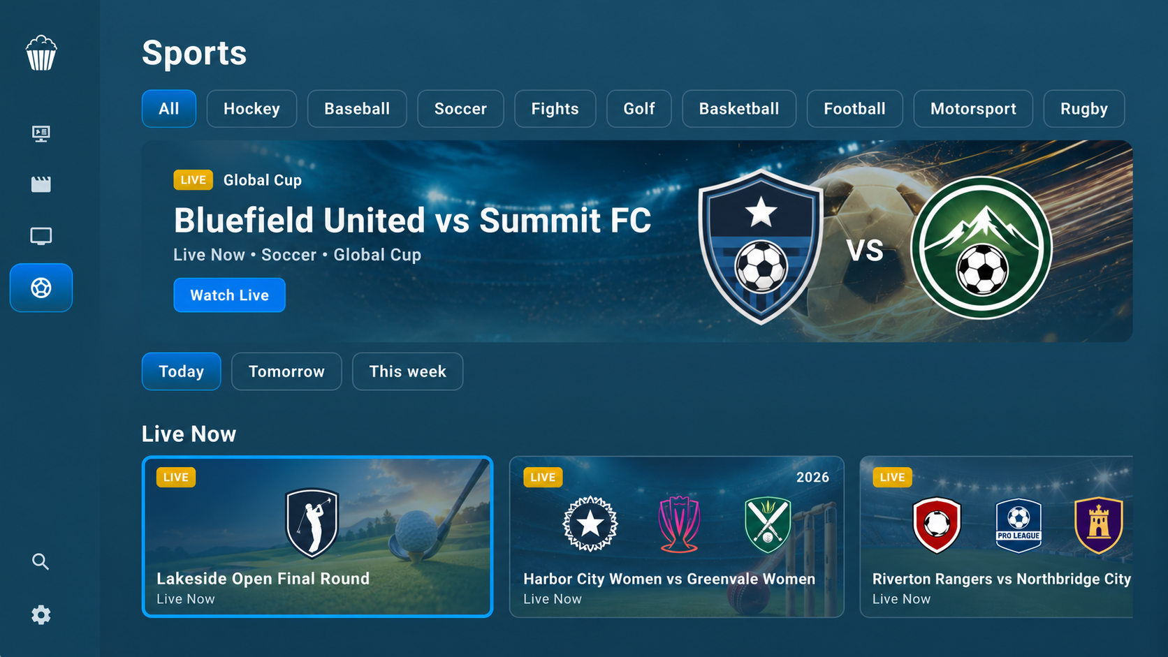 Nerdy Popcorn sports screen showing fictional teams and events