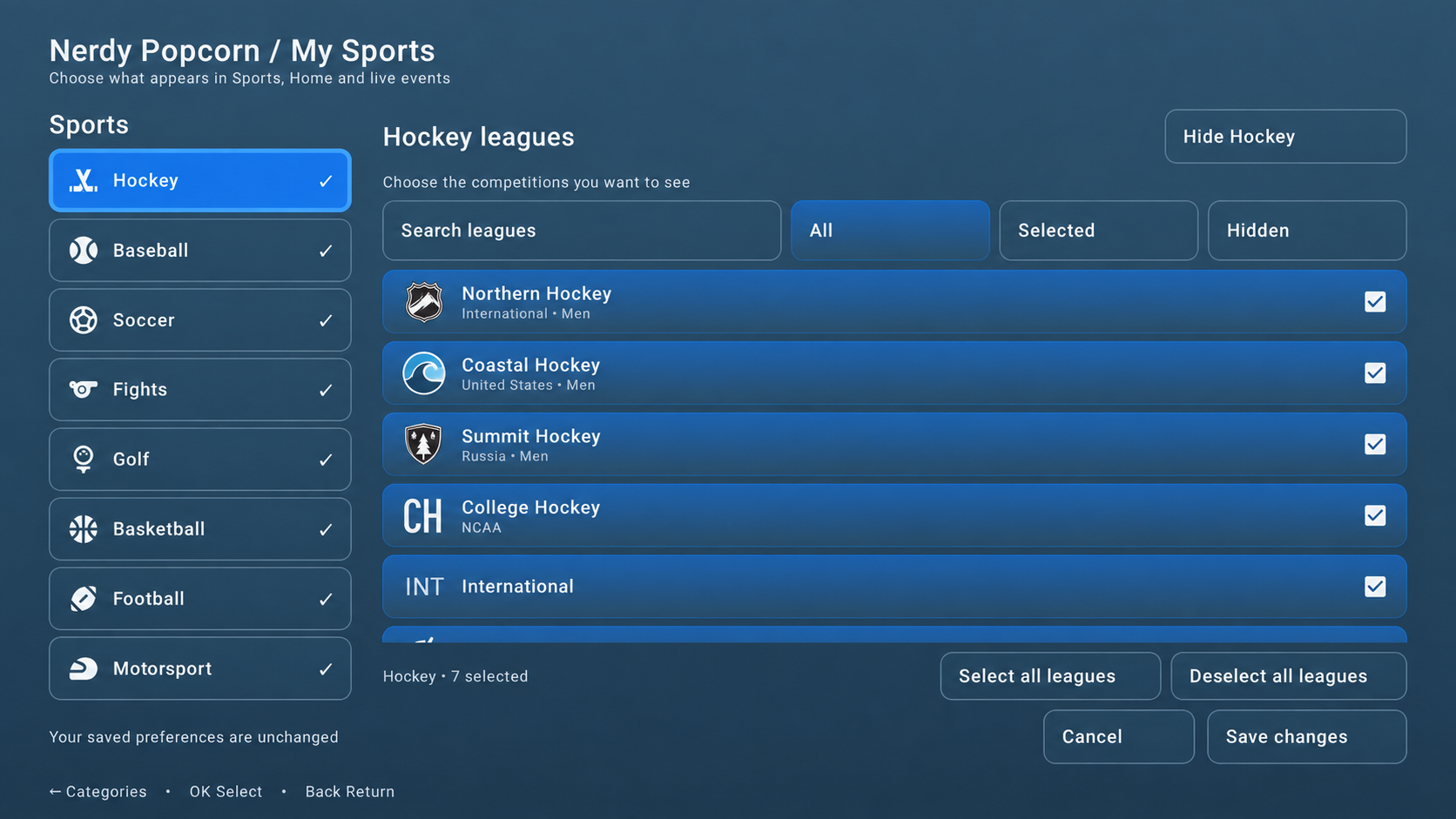 Nerdy Popcorn My Sports setup with sports categories and fictional league choices